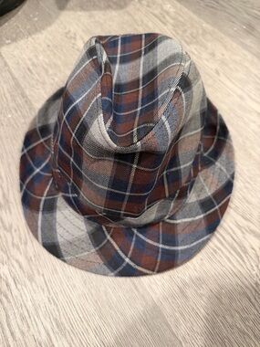 London Fog Plaid Fedora in Brown, Blue & Gray